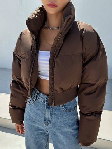 DAZY Drop Shoulder Zipper Crop Puffer Thick Pockets Coat shein