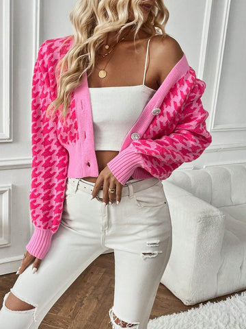 Frenchy Houndstooth Pattern Lantern Sleeve Cardigan