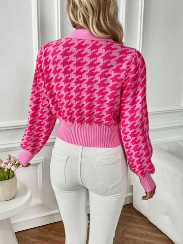 Frenchy Houndstooth Pattern Lantern Sleeve Cardigan