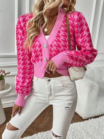 Frenchy Houndstooth Pattern Lantern Sleeve Cardigan