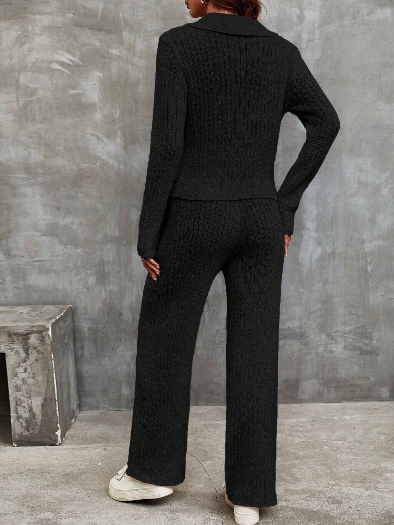 Franclia Solid Ribbed Knit Sweater & Knit Pants shein