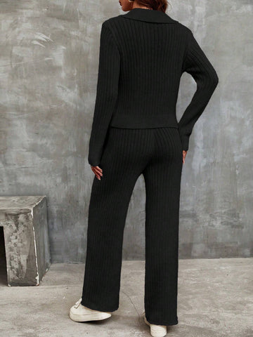 Franclia Solid Ribbed Knit Sweater & Knit Pants