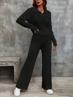 Franclia Solid Ribbed Knit Sweater & Knit Pants shein