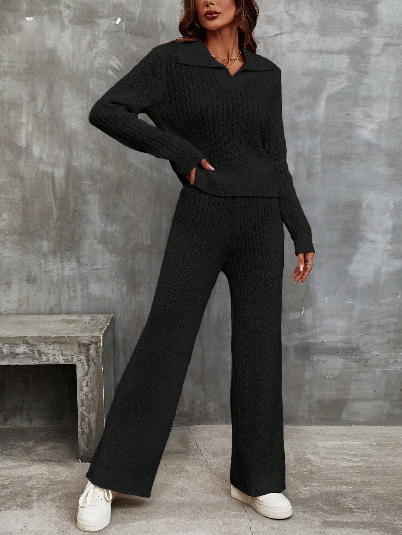 Franclia Solid Ribbed Knit Sweater & Knit Pants shein