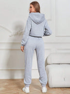EZwear Drop Shoulder Drawstring Hem Thermal Lined Crop Hoodie & Sweatpants shein