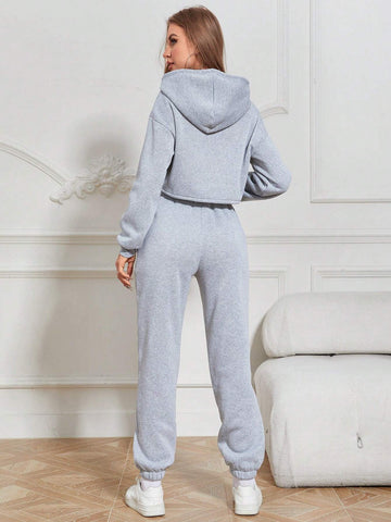 EZwear Drop Shoulder Drawstring Hem Thermal Lined Crop Hoodie & Sweatpants shein