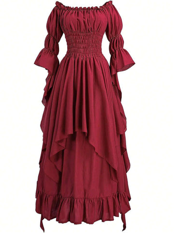 Off Shoulder Shirred Waist Ruffle Hem Dress