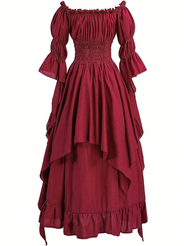 Off Shoulder Shirred Waist Ruffle Hem Dress