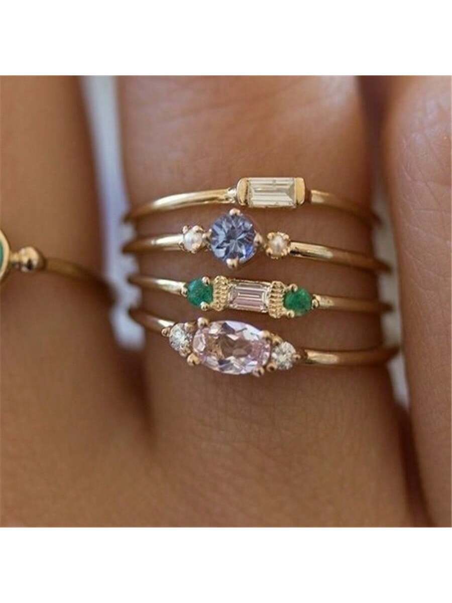 1pc Fashionable Simple Style Women's 4pcs/set Zirconia Inlaid Ring Set For Engagement shein