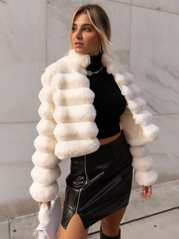 Privé Going Out Solid Open Front Crop Fuzzy Coat shein