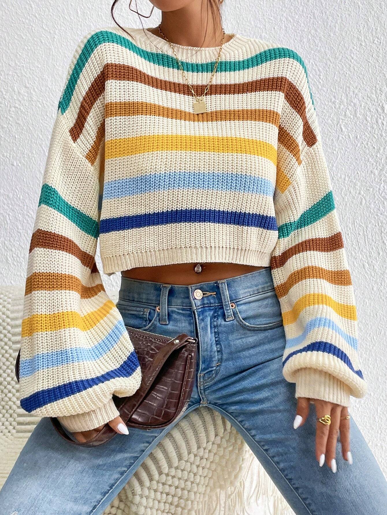 EZwear Stripe Pattern Lantern Sleeve Sweater shein