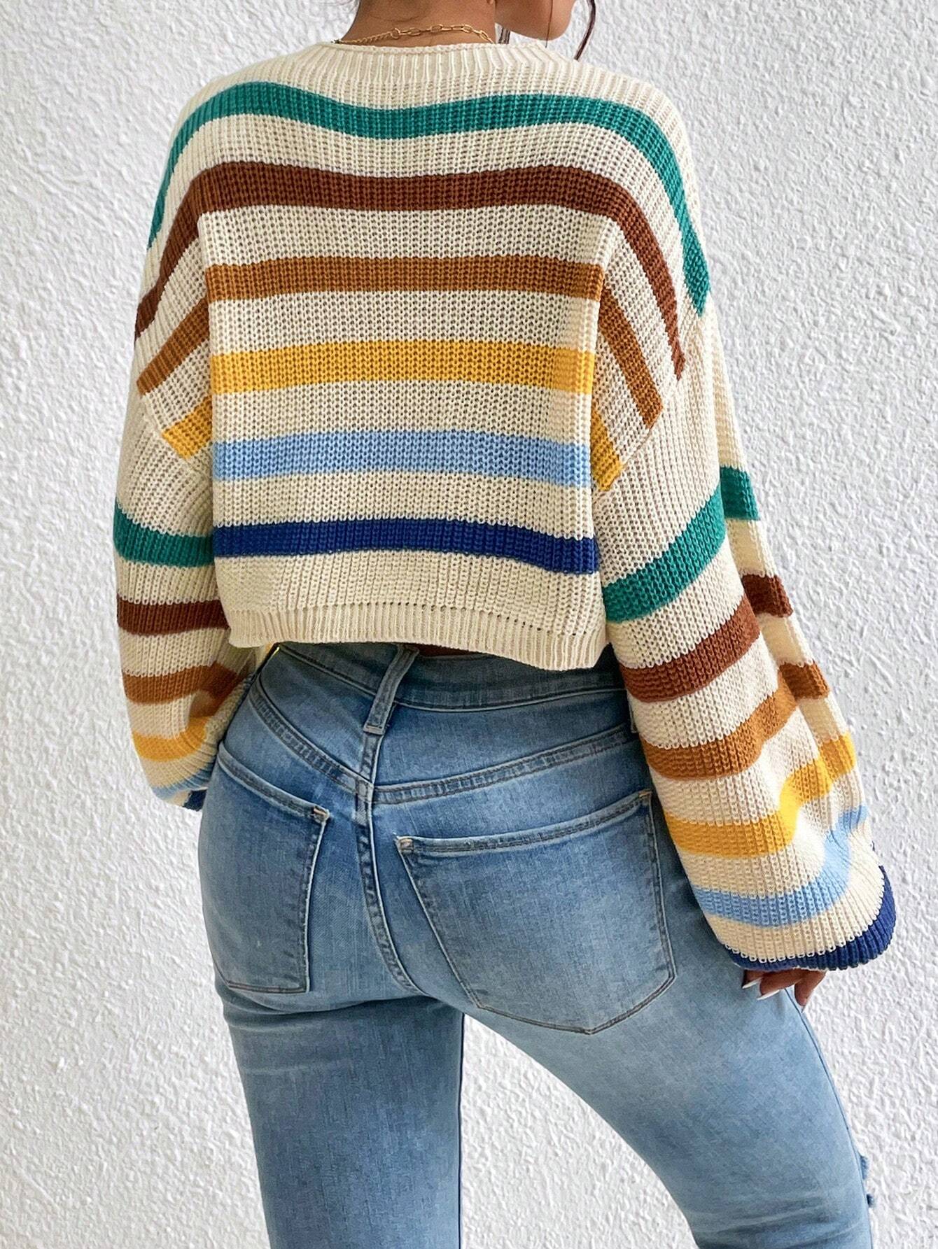 EZwear Stripe Pattern Lantern Sleeve Sweater shein