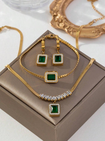 3pcs/set Fashionable White T-shaped Square Green Zirconia Crescent Chain Necklace + Bracelet + Earrings