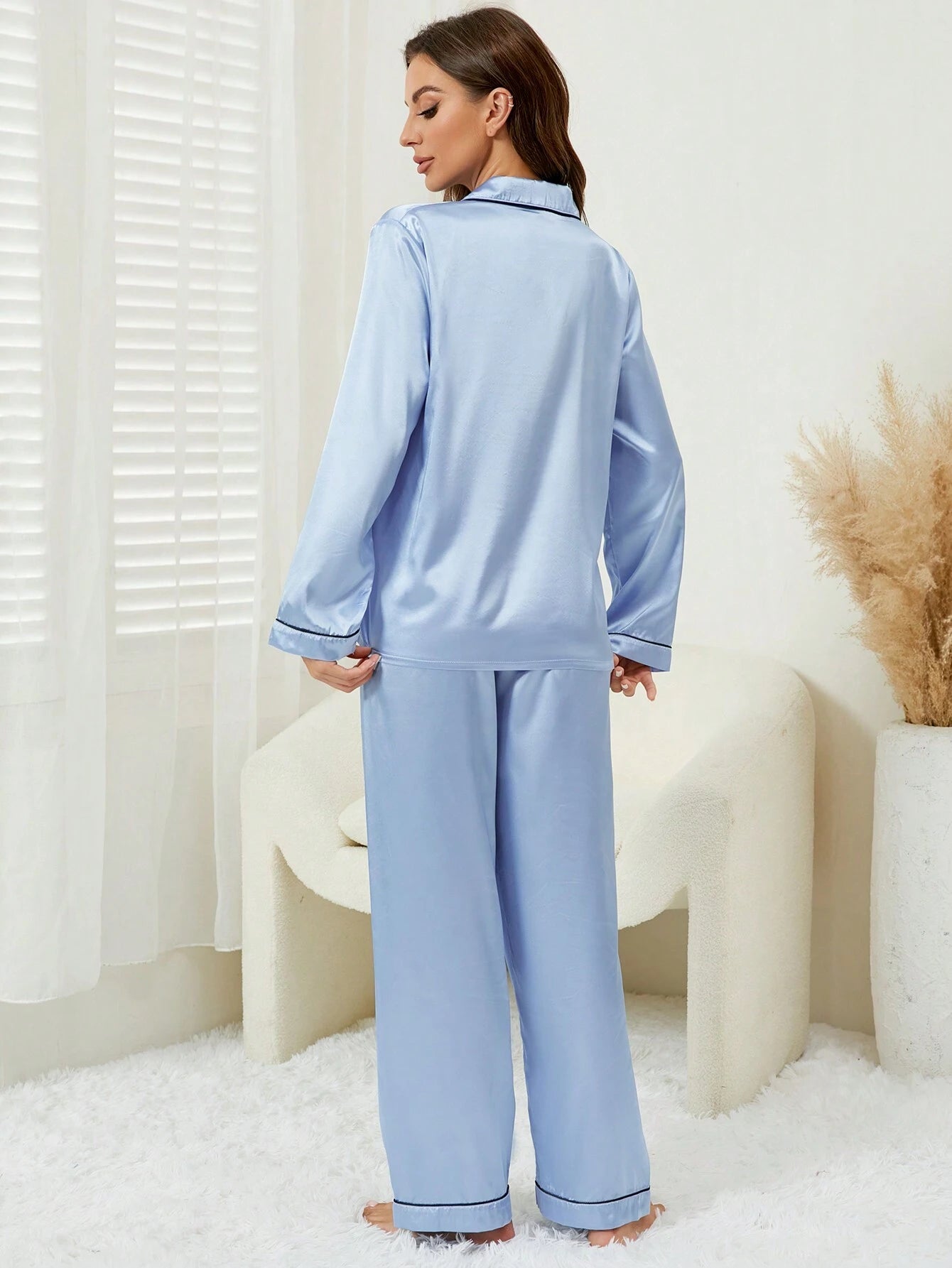 Women's Contrast Banded Collar Long Sleeve Pants Pajama Set shein