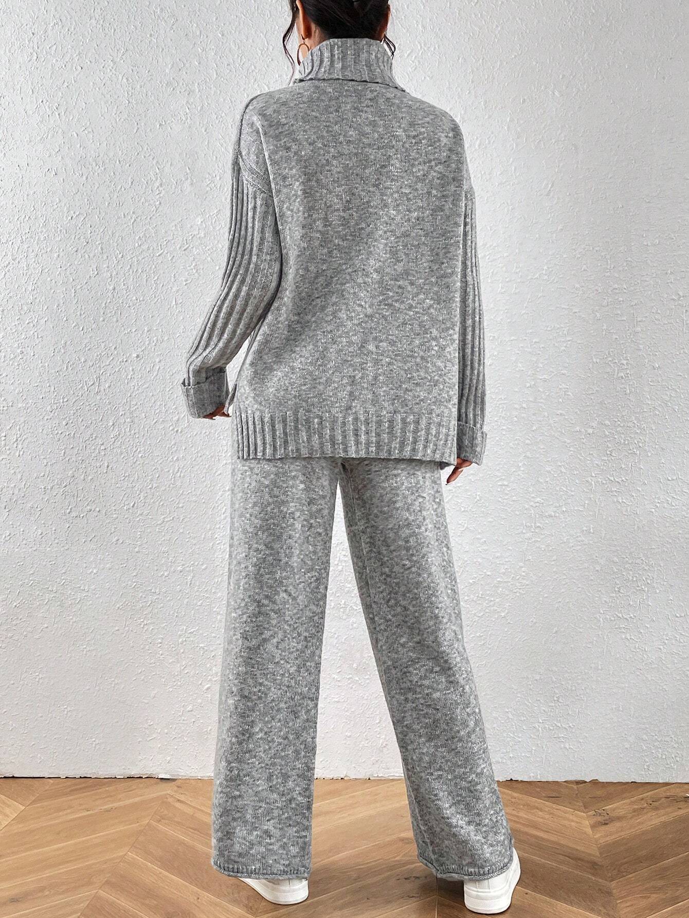 Essnce 2pcs/Set Women Casual High Neck Drop Shoulder Sweater And Pants shein