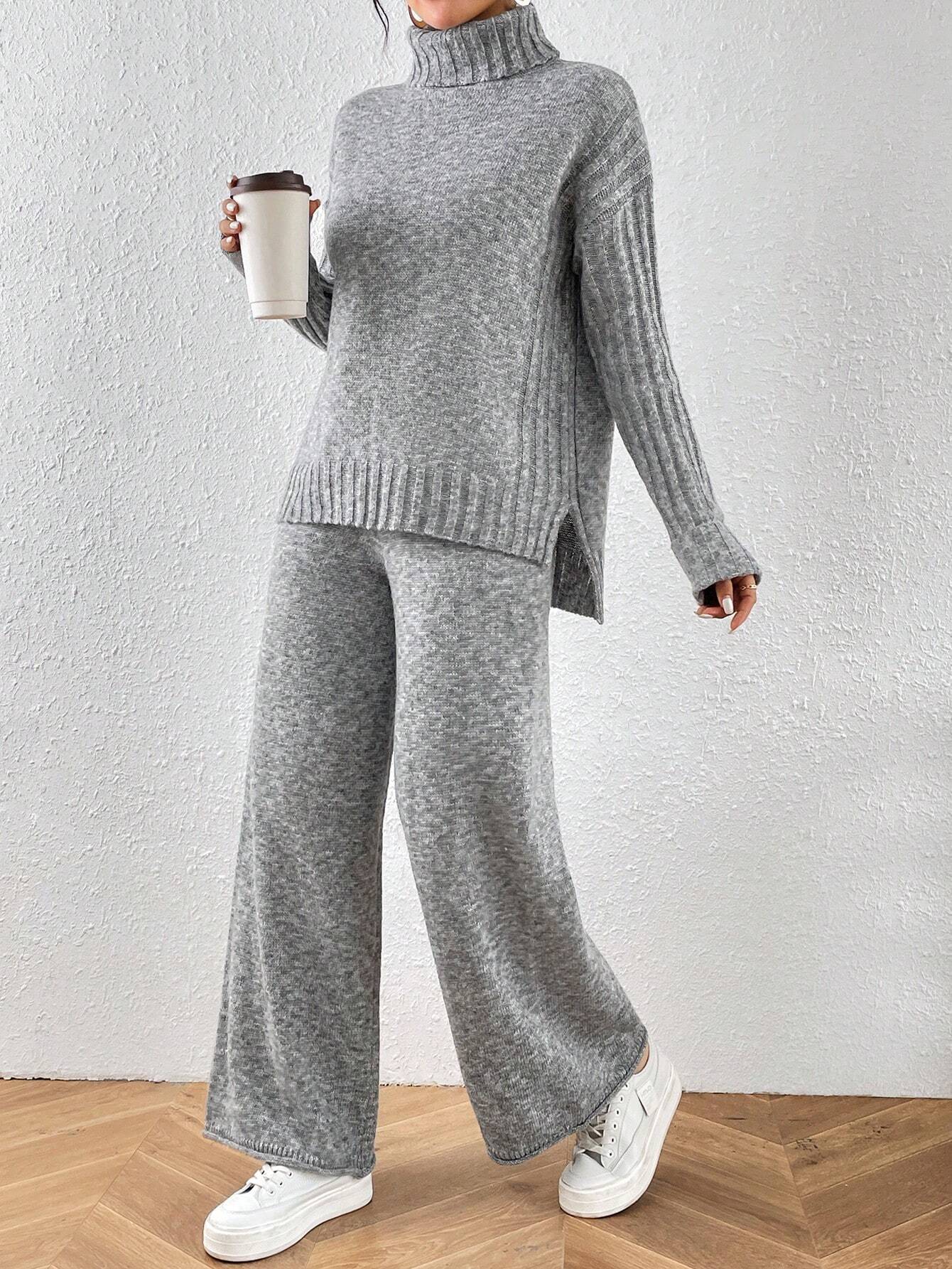 Essnce 2pcs/Set Women Casual High Neck Drop Shoulder Sweater And Pants shein