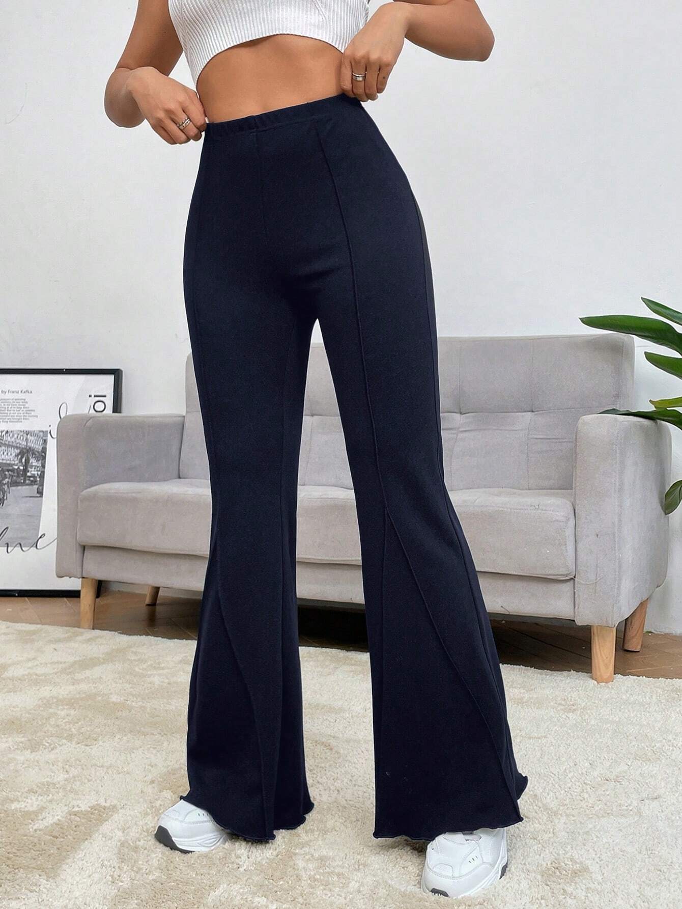 EZwear Balletcore Seam Front Flare Leg Back Pants Shein