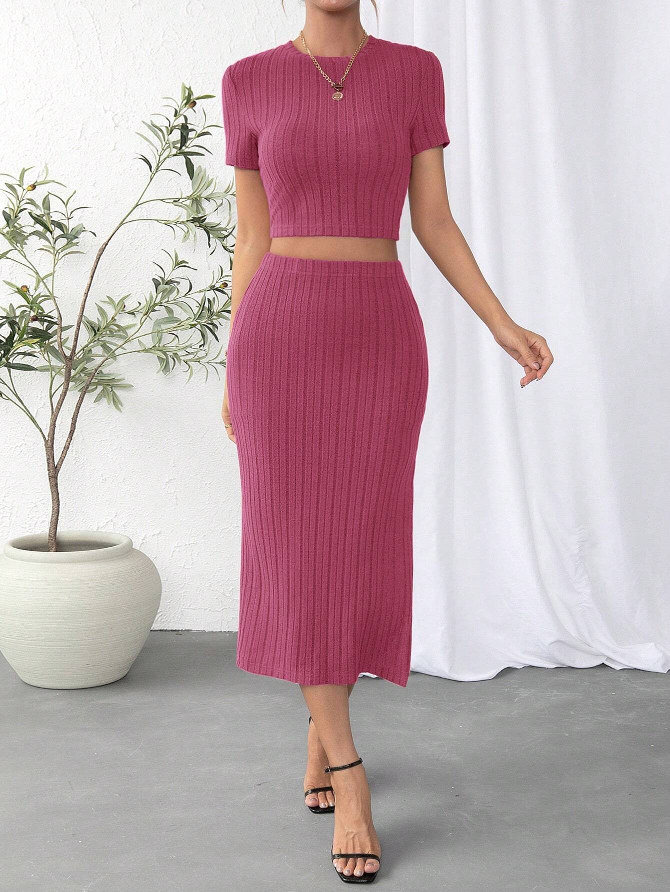 Essnce Solid Crop Tee & Split Thigh Skirt Shein