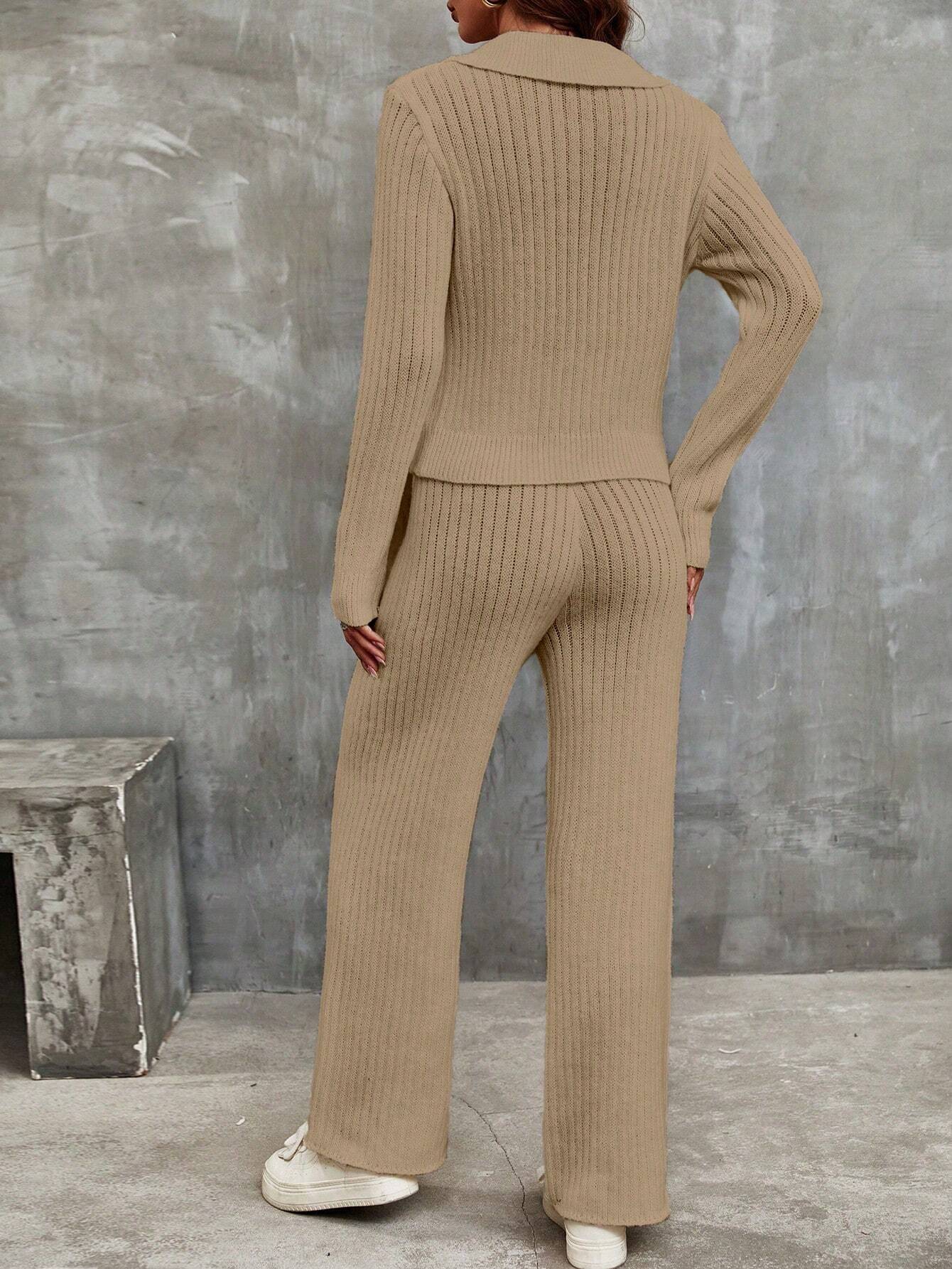 Franclia Solid Ribbed Knit Sweater & Knit Pants shein