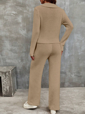 Franclia Solid Ribbed Knit Sweater & Knit Pants