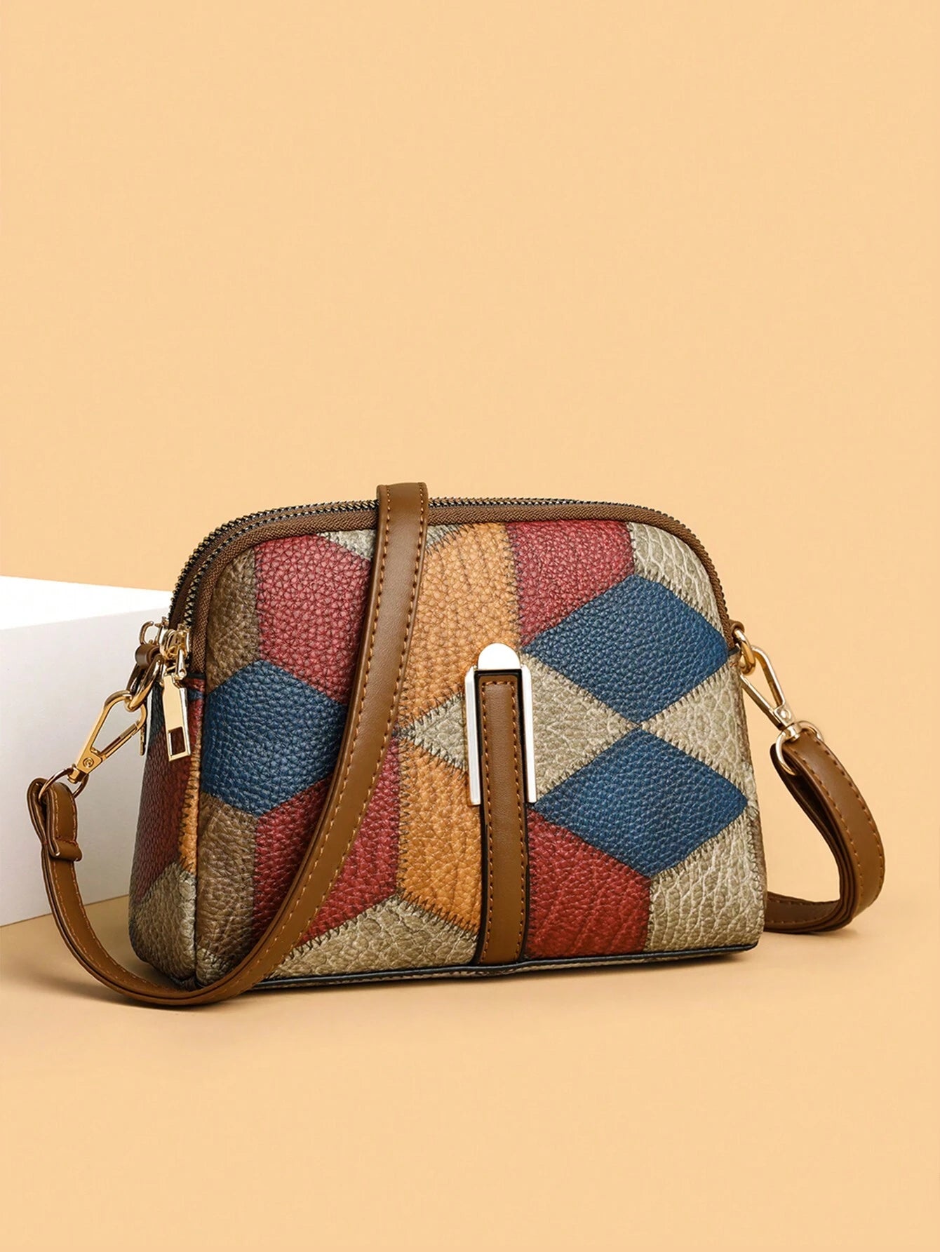 1pc Multicolor Pu Decorated, Simple & Vintage Style Multi-layer Crossbody Bag shein