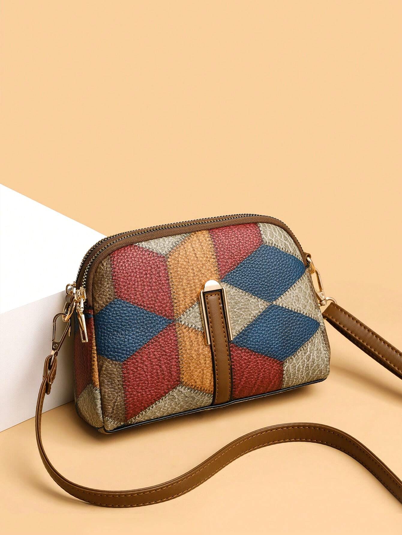 1pc Multicolor Pu Decorated, Simple & Vintage Style Multi-layer Crossbody Bag shein