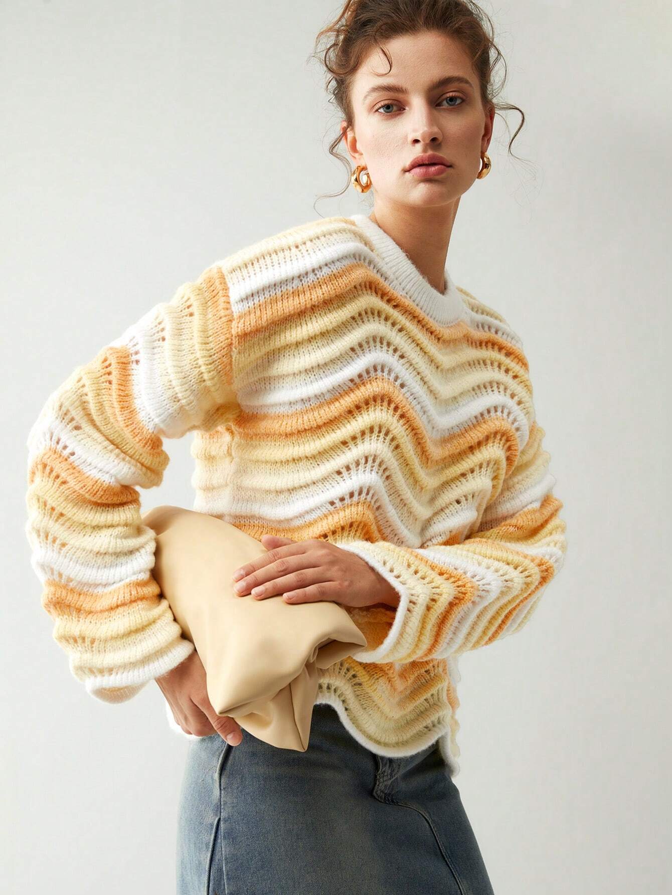 Anewsta Striped Pattern Pointelle Knit Drop Shoulder Sweater shein