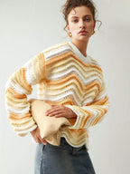 Anewsta Striped Pattern Pointelle Knit Drop Shoulder Sweater shein