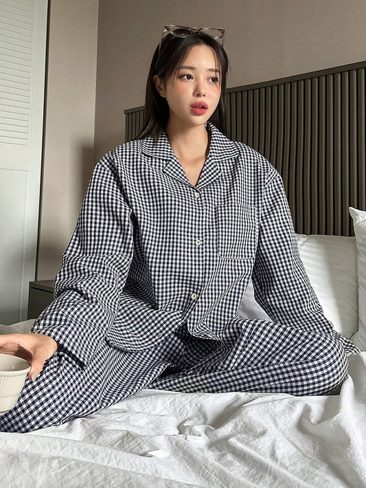 DAZY Gingham Print Lapel Neck PJ Set shein