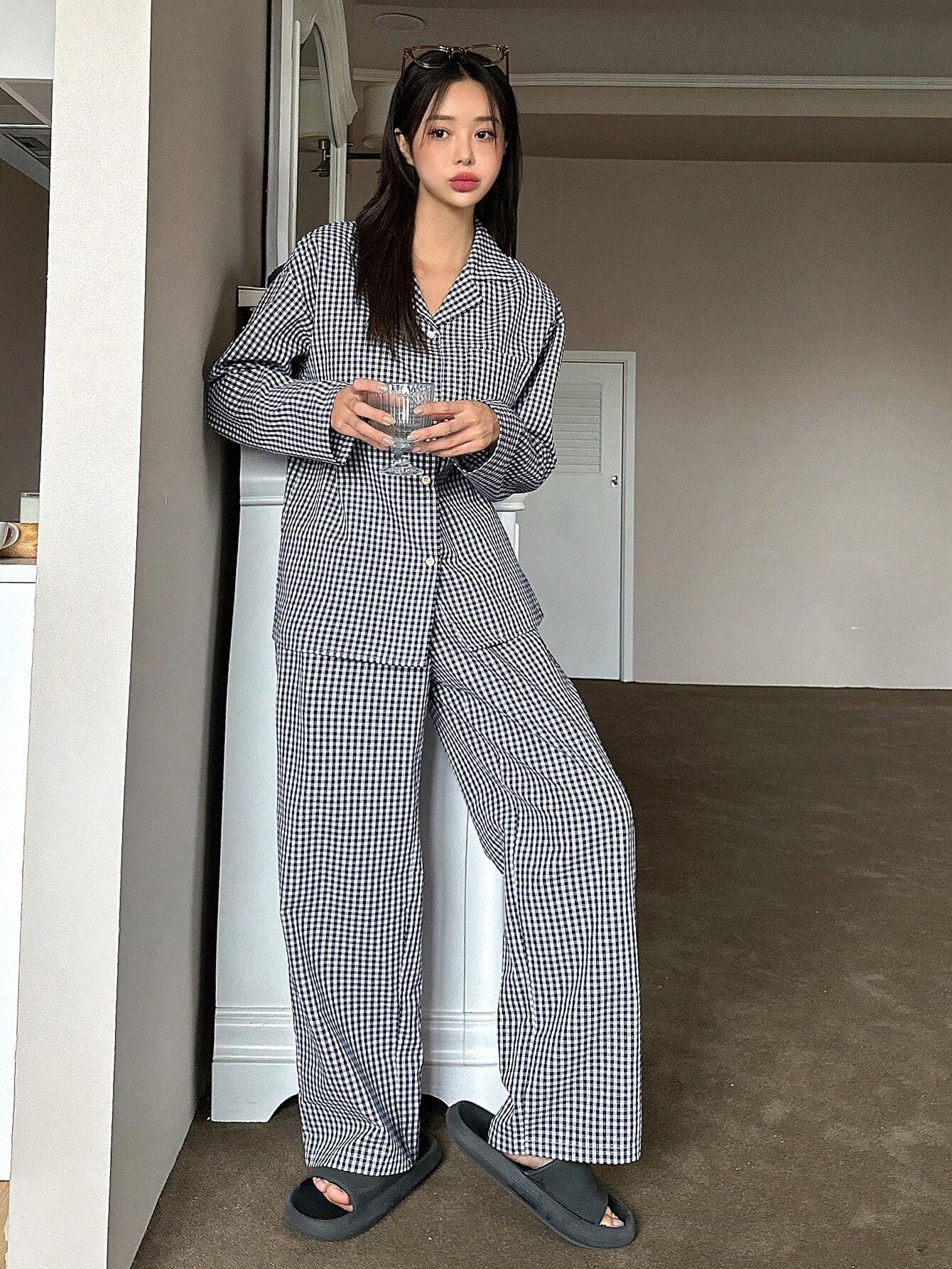 DAZY Gingham Print Lapel Neck PJ Set shein