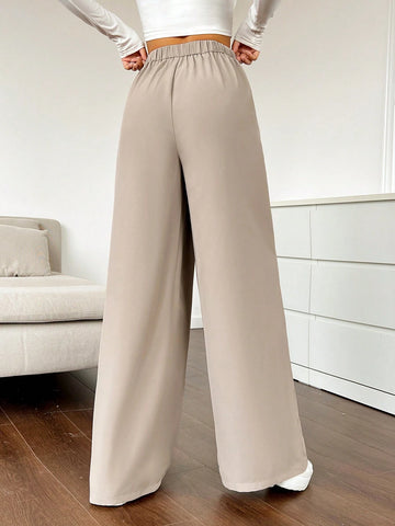 EZwear Solid Color Pleated Wide Leg Pants shein