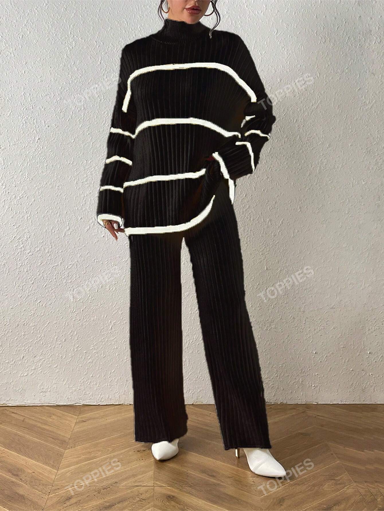 Striped Pattern Drop Shoulder Sweater & Knit Pants shein