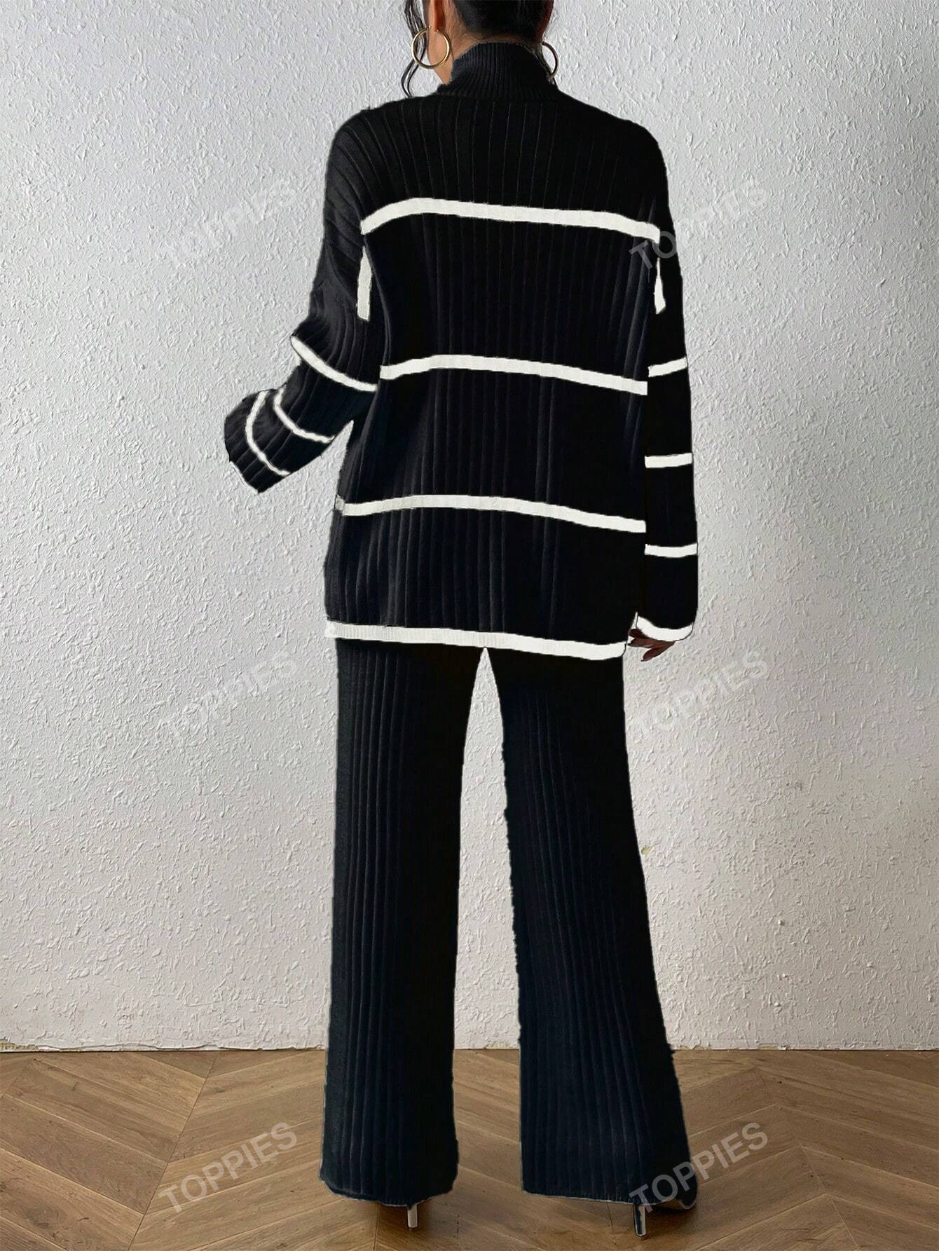 Striped Pattern Drop Shoulder Sweater & Knit Pants shein