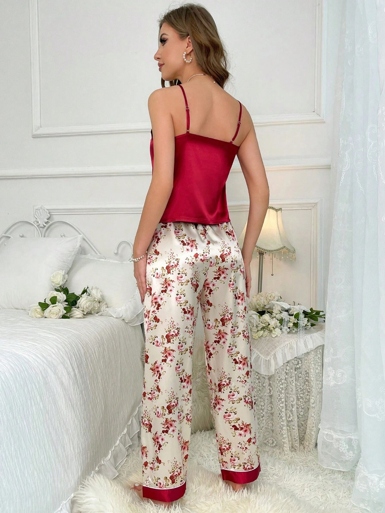 Floral Print Satin Cami Top & Pants PJ Set shein