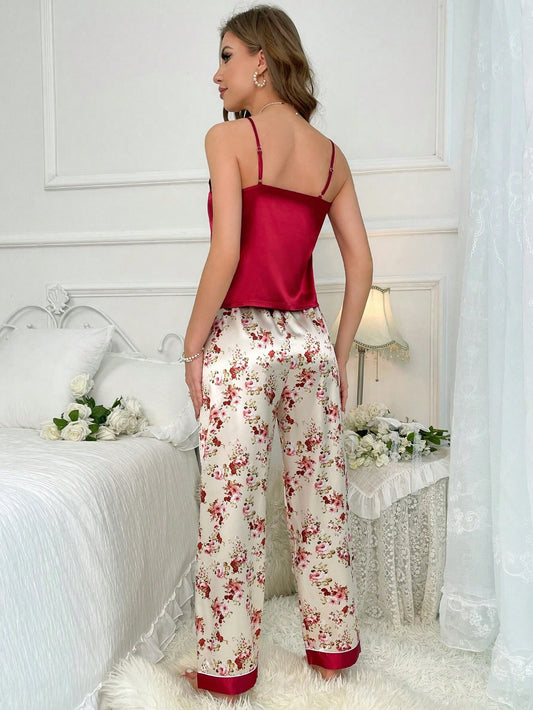 Floral Print Satin Cami Top & Pants PJ Set shein