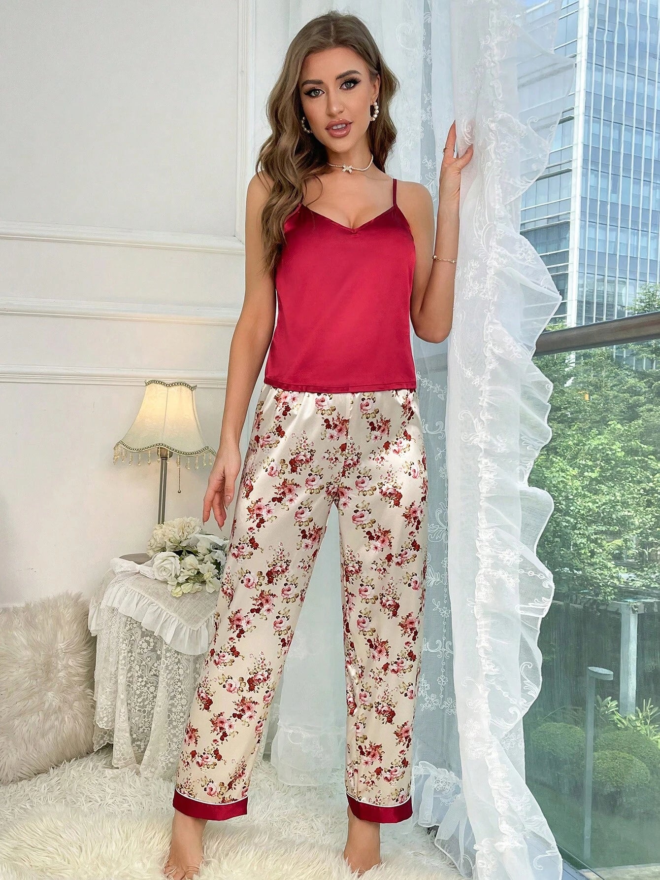 Floral Print Satin Cami Top & Pants PJ Set shein