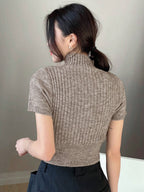 DAZY Women's Solid Colored Stand Collar Short Sleeve Fitted Knit Sweater shein