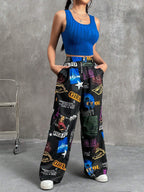 EZwear Solid Tank Top & Slogan Graphic Wide Leg Pants shein