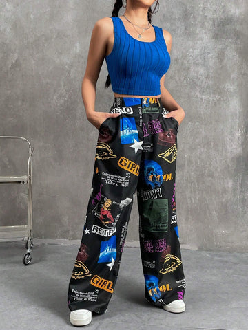 EZwear Solid Tank Top & Slogan Graphic Wide Leg Pants shein