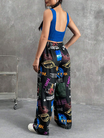 EZwear Solid Tank Top & Slogan Graphic Wide Leg Pants shein