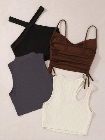 EZwear 4Pcs Solid Drawstring Side Tank Top Beach Tops shein