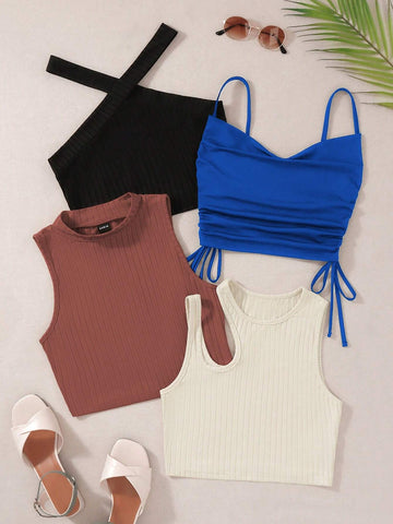 EZwear 4Pcs Solid Drawstring Side Tank Top Beach Tops shein