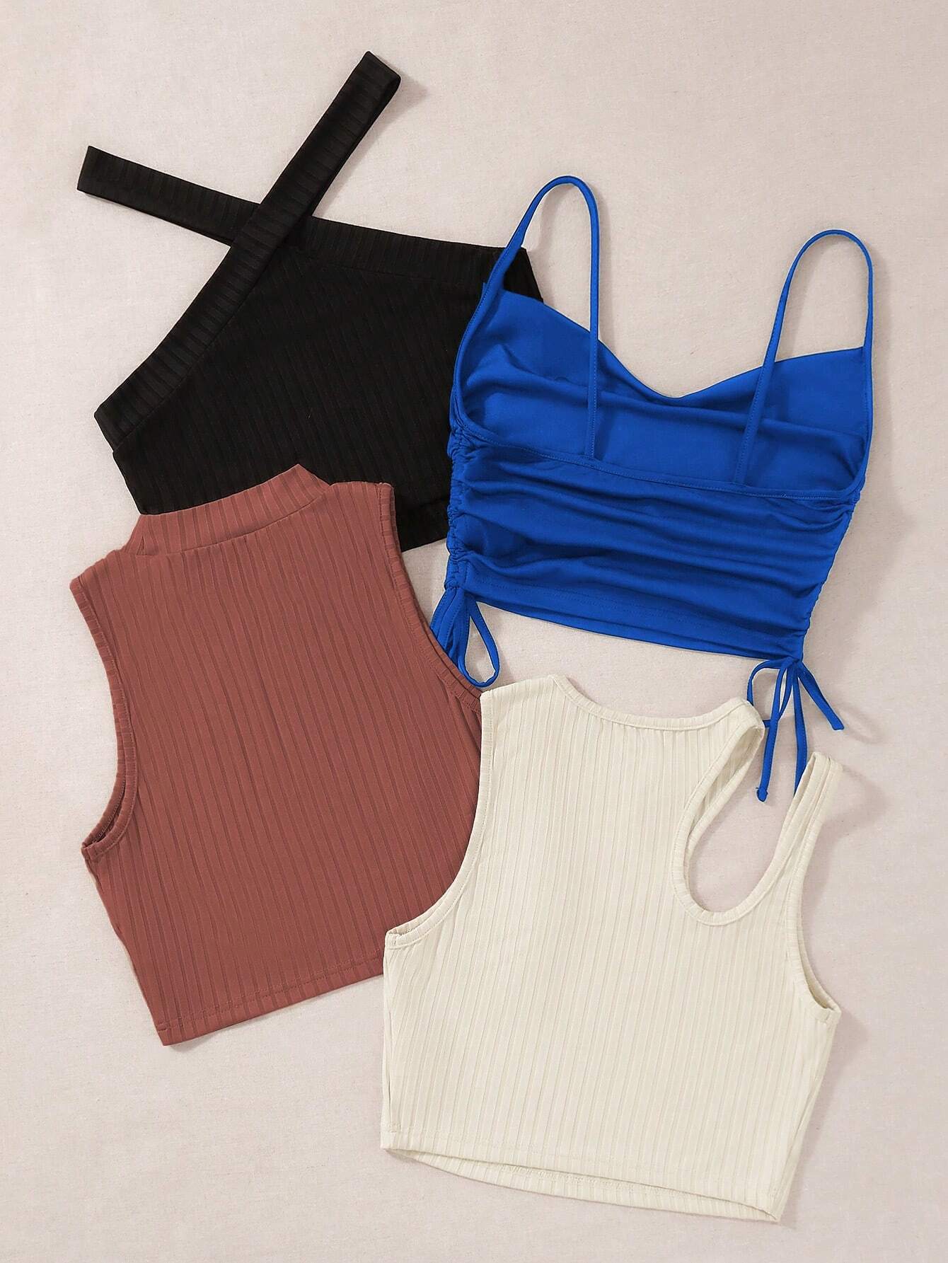 EZwear 4Pcs Solid Drawstring Side Tank Top Beach Tops shein