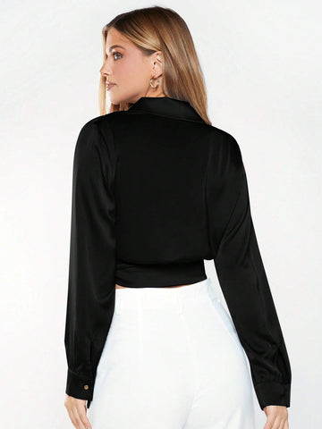 BizChic Solid Knot Side Wrap Satin Crop Blouse