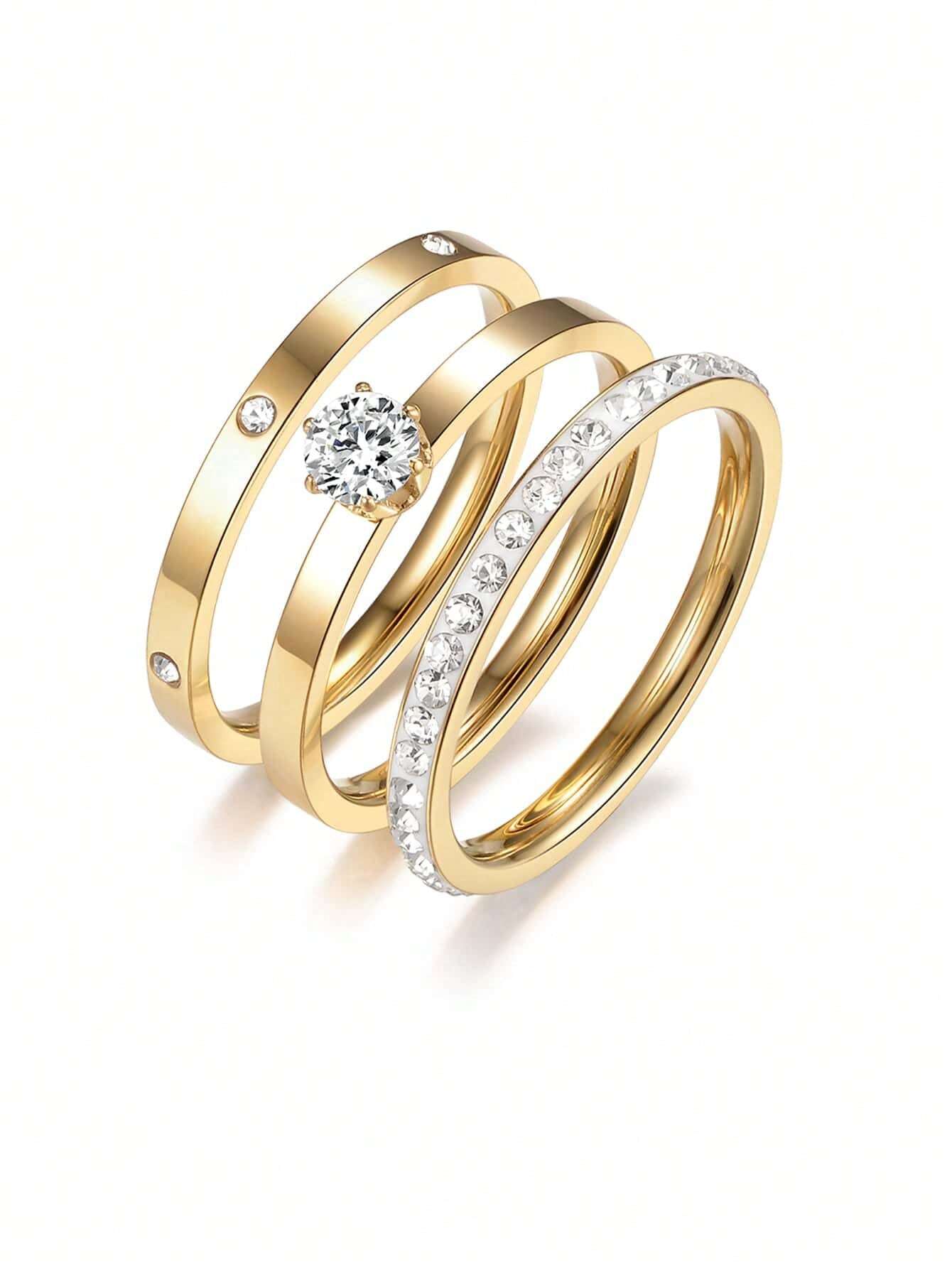 3pcs/set Simple & Fashionable Stainles Steel Rings With Cubic Zirconia Stone shein