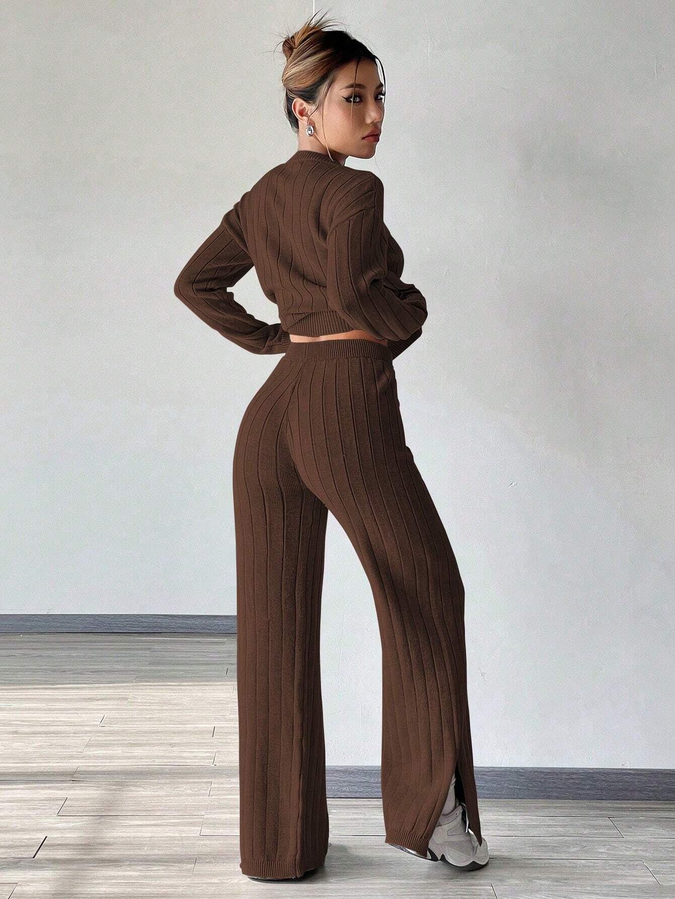 MOOSTA Solid Sweater & Drawstring Waist Knit Pants shein