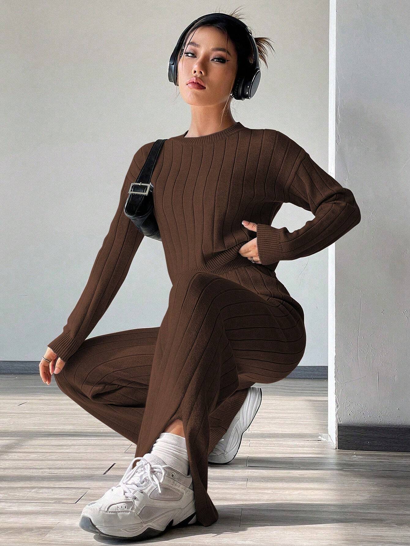 MOOSTA Solid Sweater & Drawstring Waist Knit Pants shein