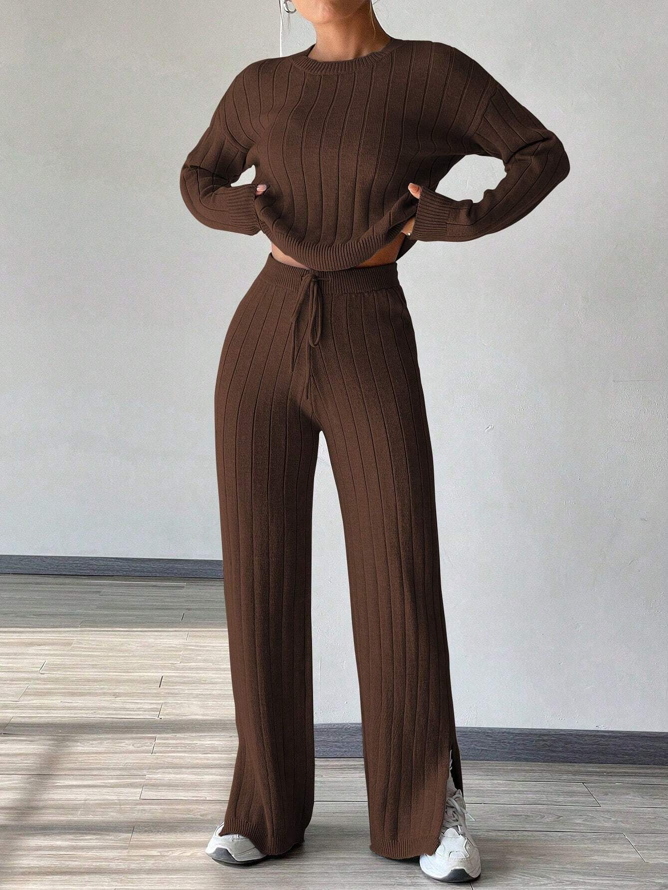 MOOSTA Solid Sweater & Drawstring Waist Knit Pants shein