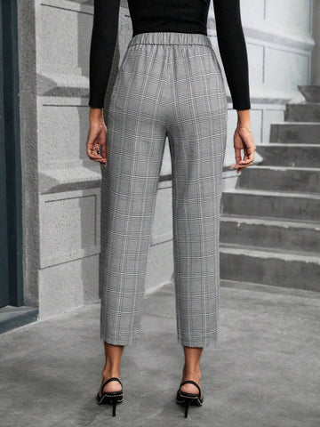 Clasi Plaid Print Slant Pocket Cropped Suit Pants Without Belt shein