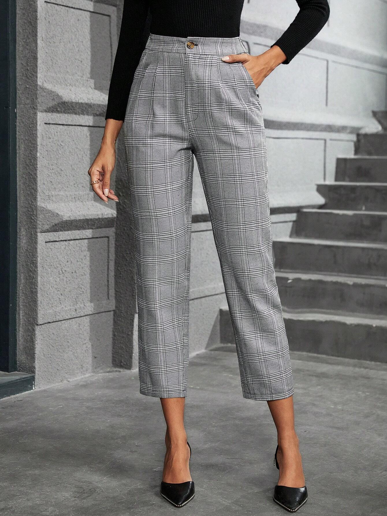 Clasi Plaid Print Slant Pocket Cropped Suit Pants Without Belt shein